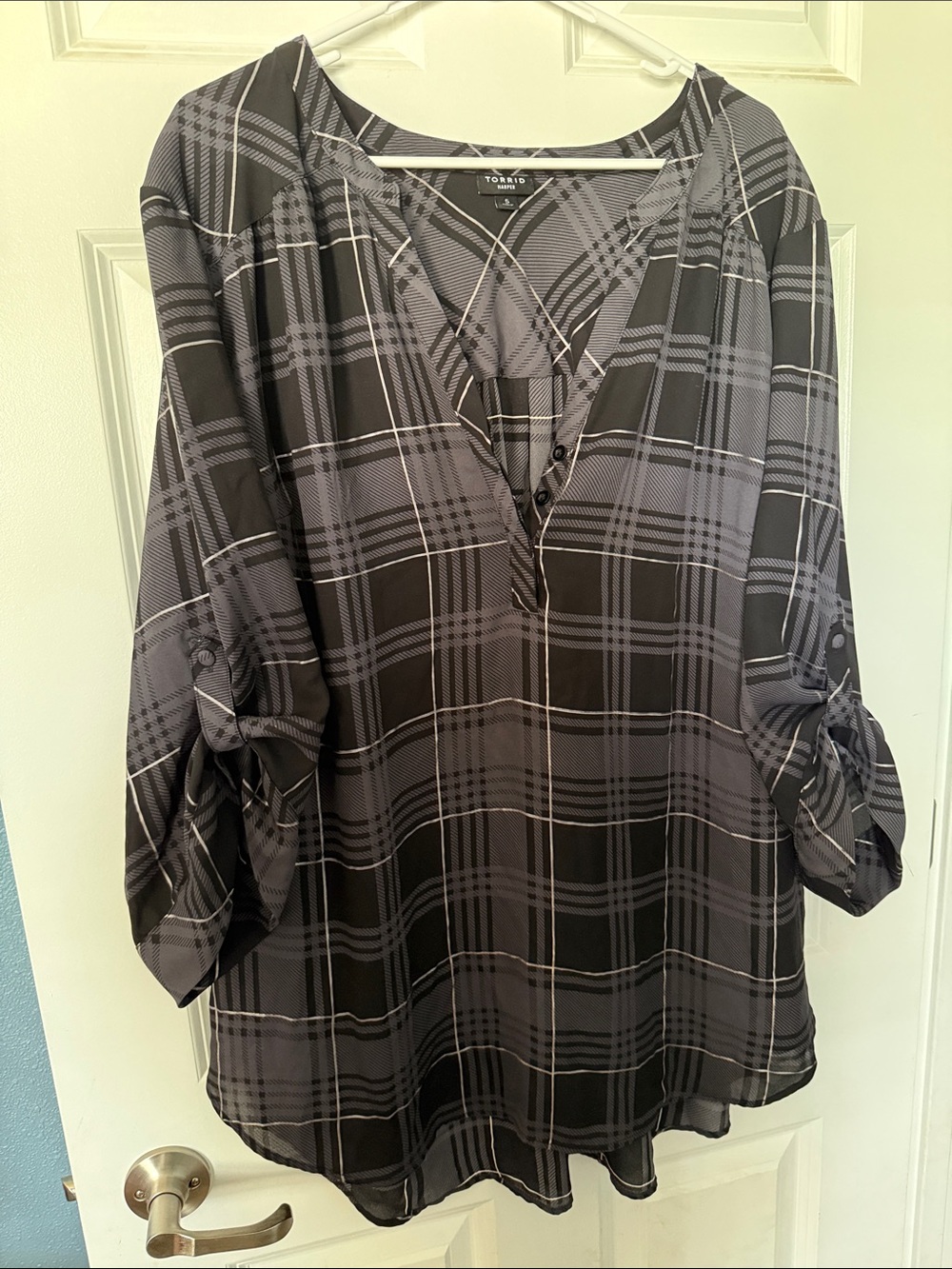 torrid Black & Gray Plaid Roll-Tab V-Neck Blouse